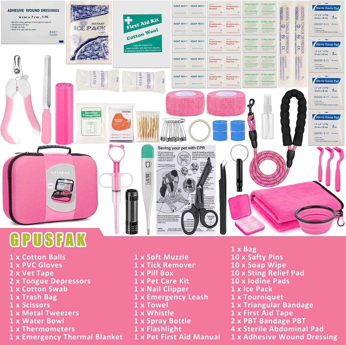 Pet First Aid Kit for Dogs - Pet Emergency Kit for Camping Hiking Traveling Hunting and Sports (Pink)