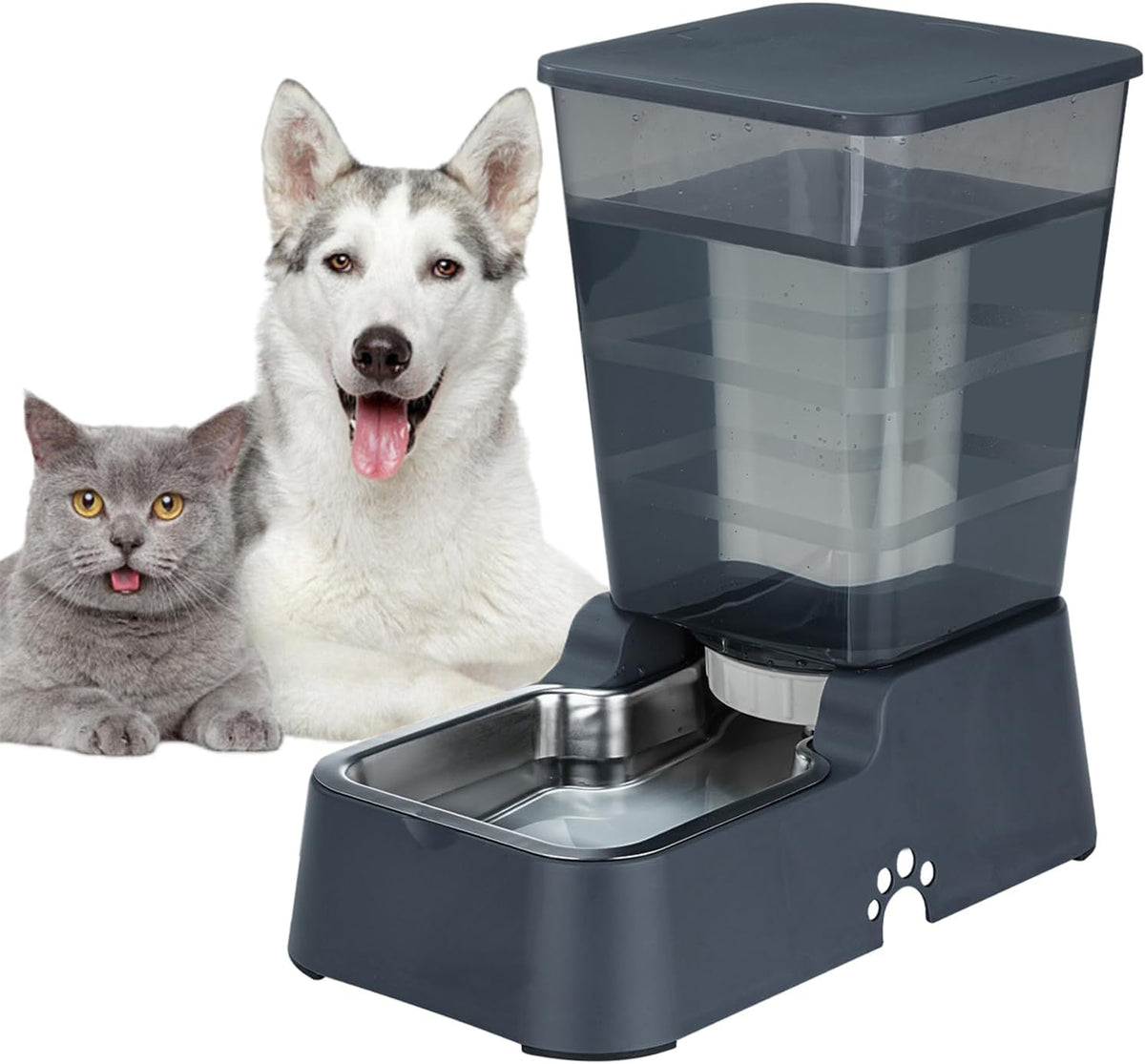 Automatic 5.4L/1.4Gal Pet Waterer, Automatic Dog Water Dispenser Gravity Stainless Steel Water Feeder, Large Capacity Feeding Bowls for Cats and Medium & Large-Sized Dogs (Black, Food+Water)