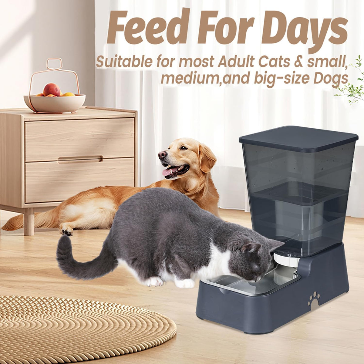 Automatic 5.4L/1.4Gal Pet Waterer, Automatic Dog Water Dispenser Gravity Stainless Steel Water Feeder, Large Capacity Feeding Bowls for Cats and Medium & Large-Sized Dogs (Black, Food+Water)