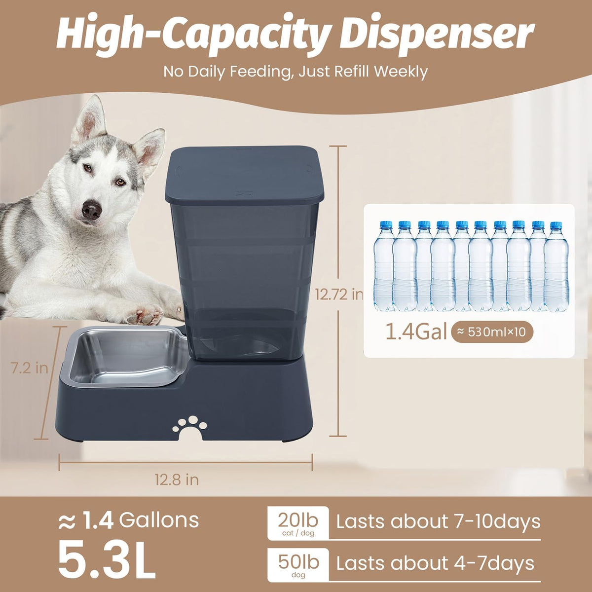 Automatic 5.4L/1.4Gal Pet Waterer, Automatic Dog Water Dispenser Gravity Stainless Steel Water Feeder, Large Capacity Feeding Bowls for Cats and Medium & Large-Sized Dogs (Black, Food+Water)