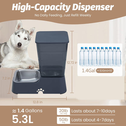 Automatic 5.4L/1.4Gal Pet Waterer, Automatic Dog Water Dispenser Gravity Stainless Steel Water Feeder, Large Capacity Feeding Bowls for Cats and Medium & Large-Sized Dogs (Black, Food+Water)