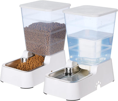 Automatic 5.4L/1.4Gal Pet Waterer, Automatic Dog Water Dispenser Gravity Stainless Steel Water Feeder, Large Capacity Feeding Bowls for Cats and Medium & Large-Sized Dogs (Black, Food+Water)