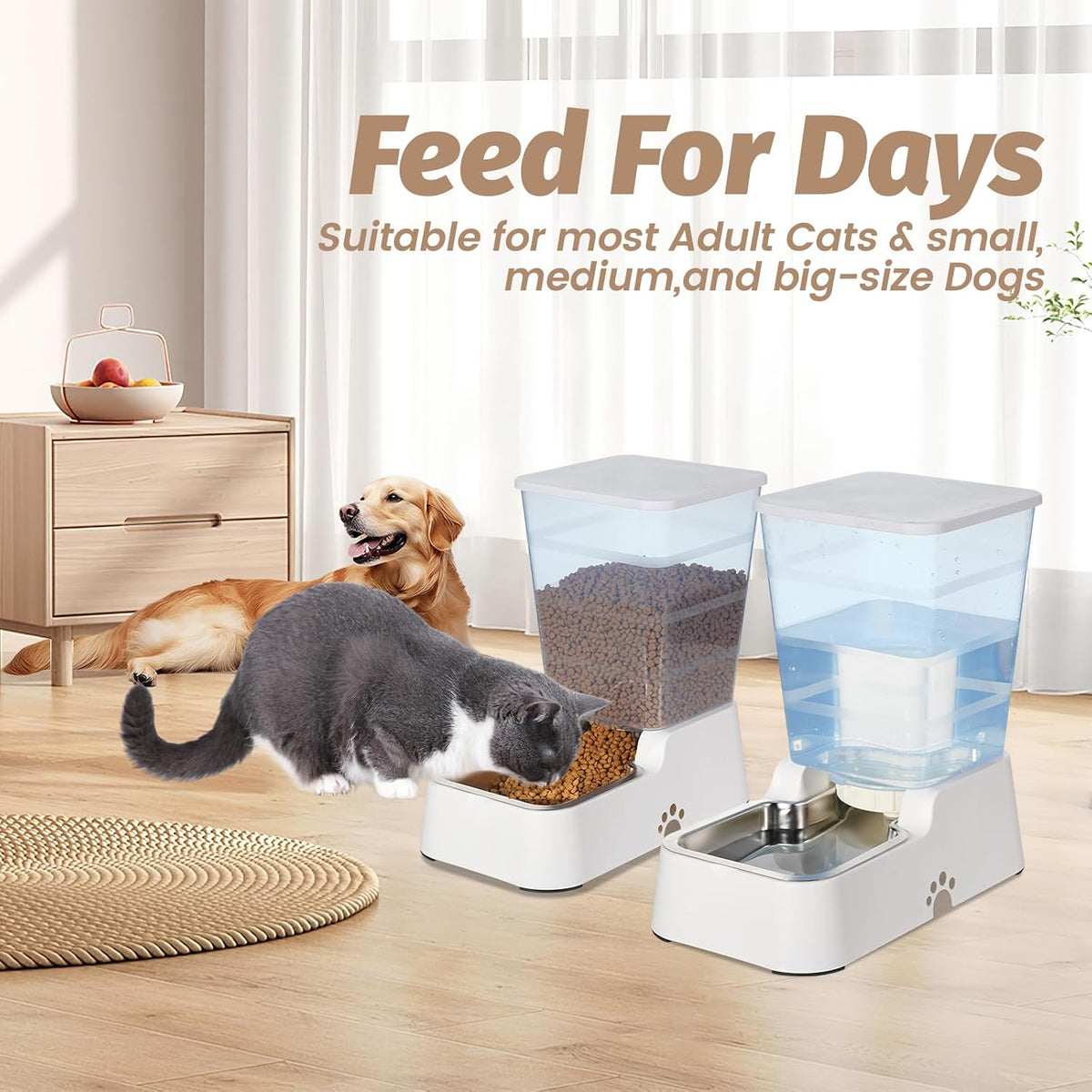 Automatic 5.4L/1.4Gal Pet Waterer, Automatic Dog Water Dispenser Gravity Stainless Steel Water Feeder, Large Capacity Feeding Bowls for Cats and Medium & Large-Sized Dogs (Black, Food+Water)