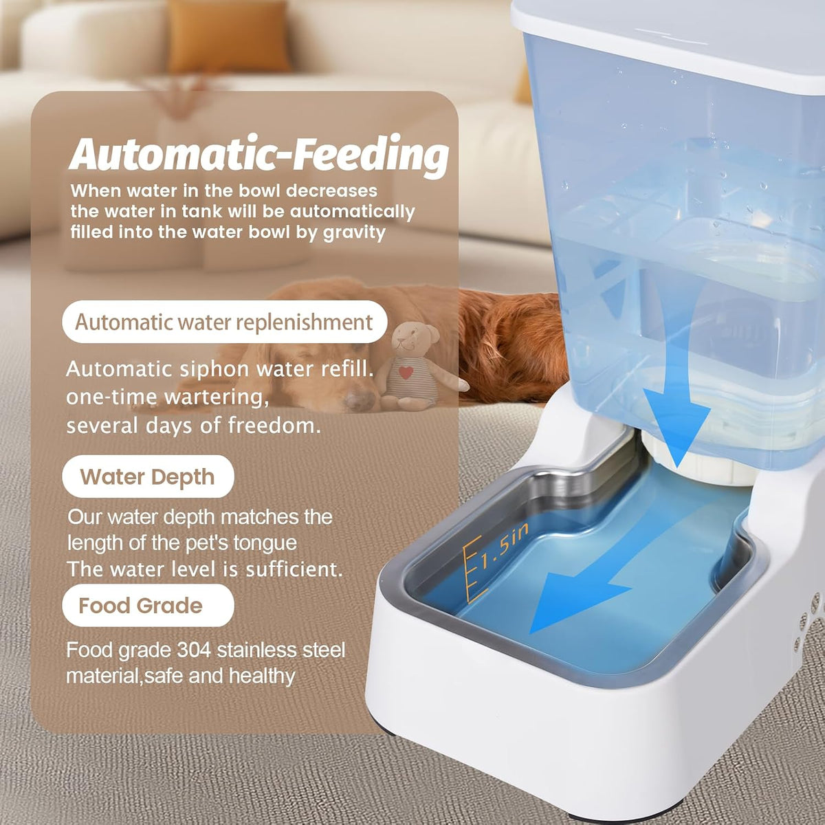Automatic 5.4L/1.4Gal Pet Waterer, Automatic Dog Water Dispenser Gravity Stainless Steel Water Feeder, Large Capacity Feeding Bowls for Cats and Medium & Large-Sized Dogs (Black, Food+Water)
