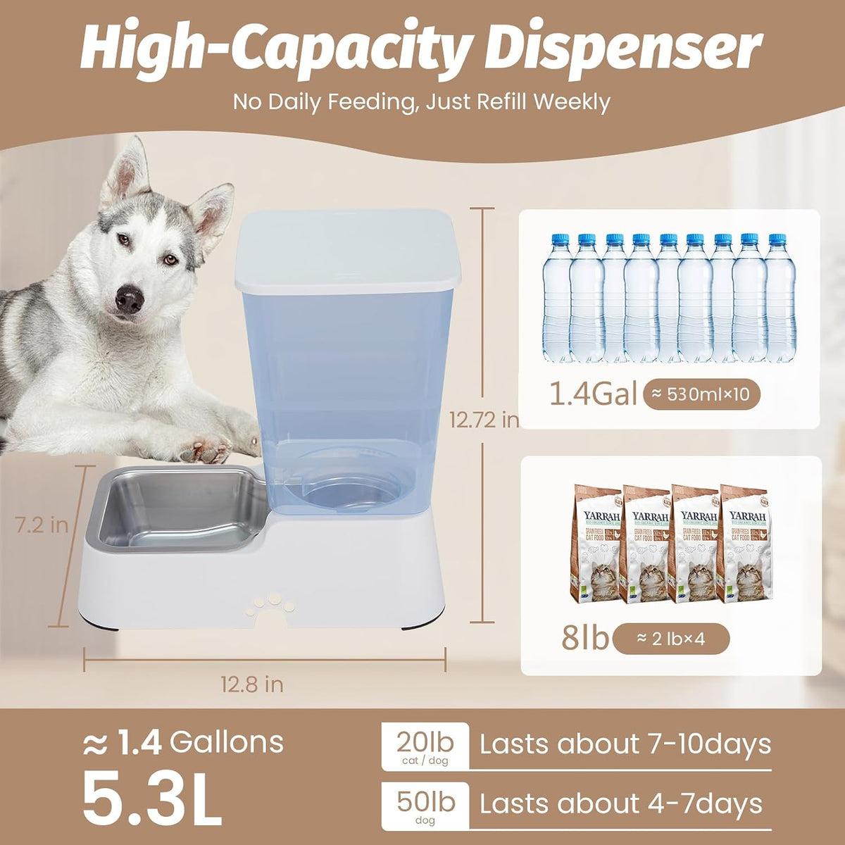 Automatic 5.4L/1.4Gal Pet Waterer, Automatic Dog Water Dispenser Gravity Stainless Steel Water Feeder, Large Capacity Feeding Bowls for Cats and Medium & Large-Sized Dogs (Black, Food+Water)