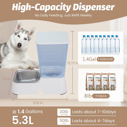 Automatic 5.4L/1.4Gal Pet Waterer, Automatic Dog Water Dispenser Gravity Stainless Steel Water Feeder, Large Capacity Feeding Bowls for Cats and Medium & Large-Sized Dogs (Black, Food+Water)