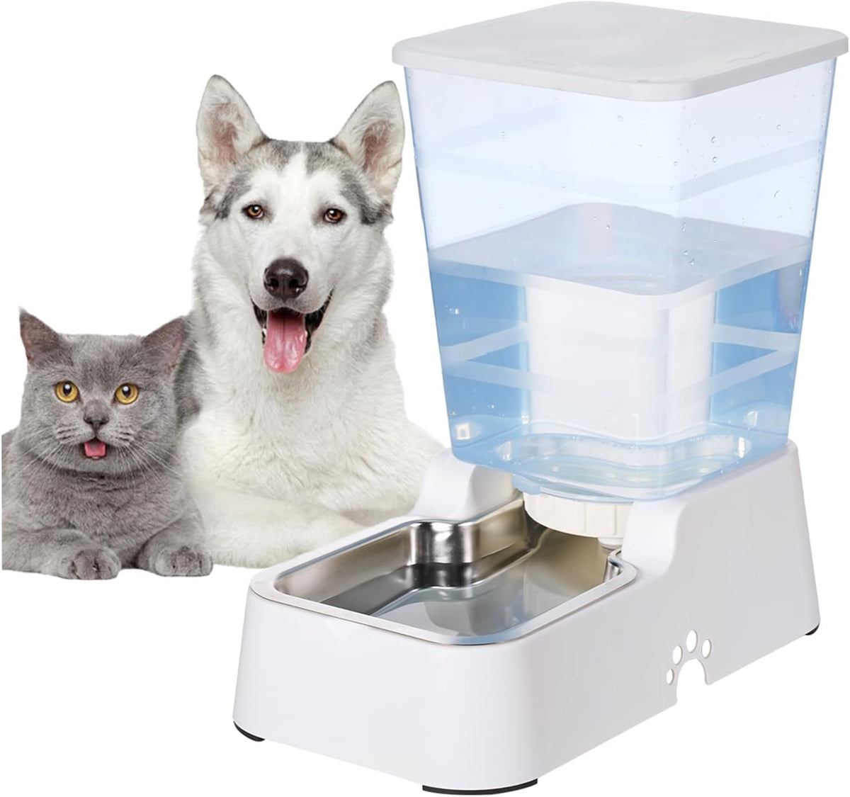 Automatic 5.4L/1.4Gal Pet Waterer, Automatic Dog Water Dispenser Gravity Stainless Steel Water Feeder, Large Capacity Feeding Bowls for Cats and Medium & Large-Sized Dogs (Black, Food+Water)