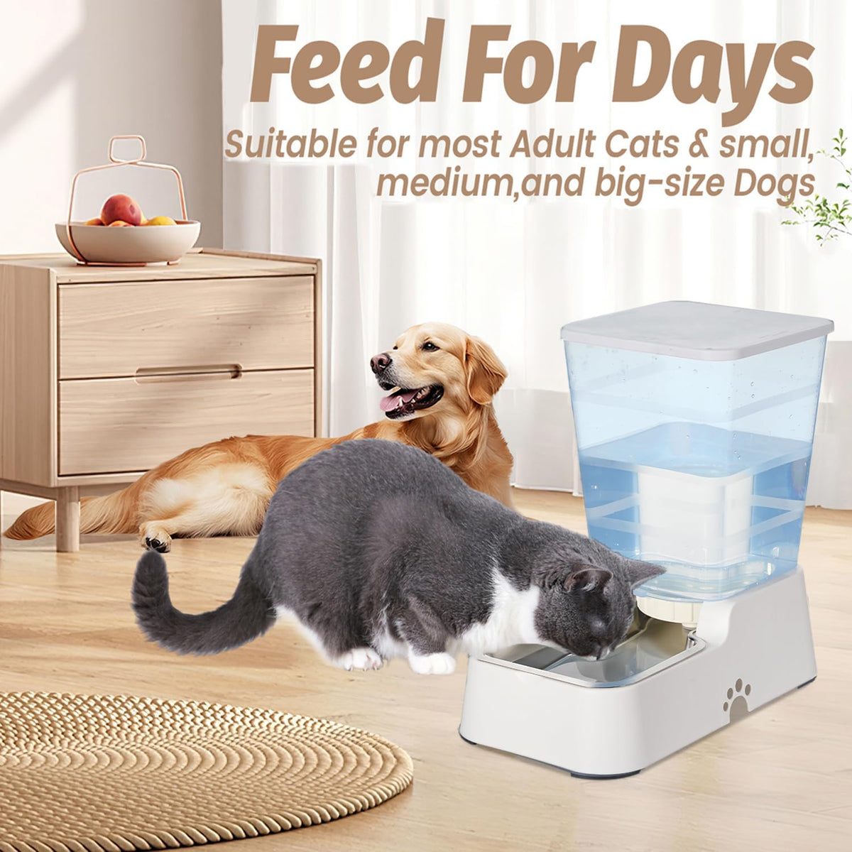 Automatic 5.4L/1.4Gal Pet Waterer, Automatic Dog Water Dispenser Gravity Stainless Steel Water Feeder, Large Capacity Feeding Bowls for Cats and Medium & Large-Sized Dogs (Black, Food+Water)