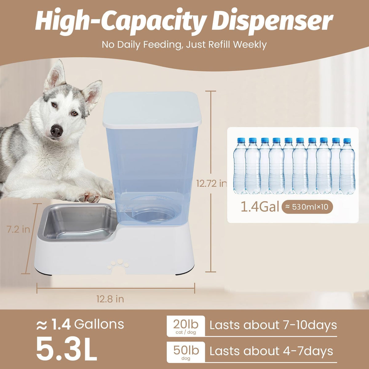Automatic 5.4L/1.4Gal Pet Waterer, Automatic Dog Water Dispenser Gravity Stainless Steel Water Feeder, Large Capacity Feeding Bowls for Cats and Medium & Large-Sized Dogs (Black, Food+Water)