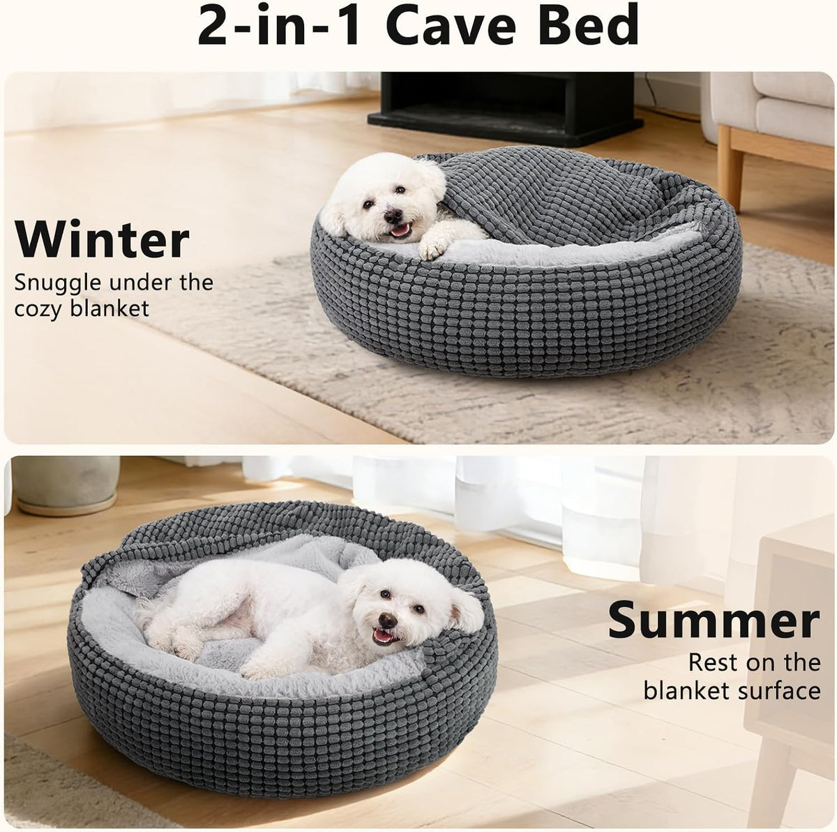 Small Dog Bed with Attached Blanket, Cozy Donut Cuddler Anti-Anxiety Hooded Pet Beds Calming Cave Bed. Orthopedic Round Puppy Beds for Dogs or Cats Washable, Anti-Slip Bottom, 23inch