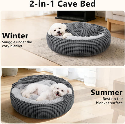 Small Dog Bed with Attached Blanket, Cozy Donut Cuddler Anti-Anxiety Hooded Pet Beds Calming Cave Bed. Orthopedic Round Puppy Beds for Dogs or Cats Washable, Anti-Slip Bottom, 23inch