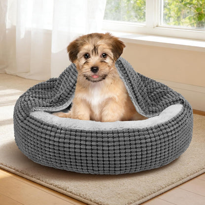 Small Dog Bed with Attached Blanket, Cozy Donut Cuddler Anti-Anxiety Hooded Pet Beds Calming Cave Bed. Orthopedic Round Puppy Beds for Dogs or Cats Washable, Anti-Slip Bottom, 23inch