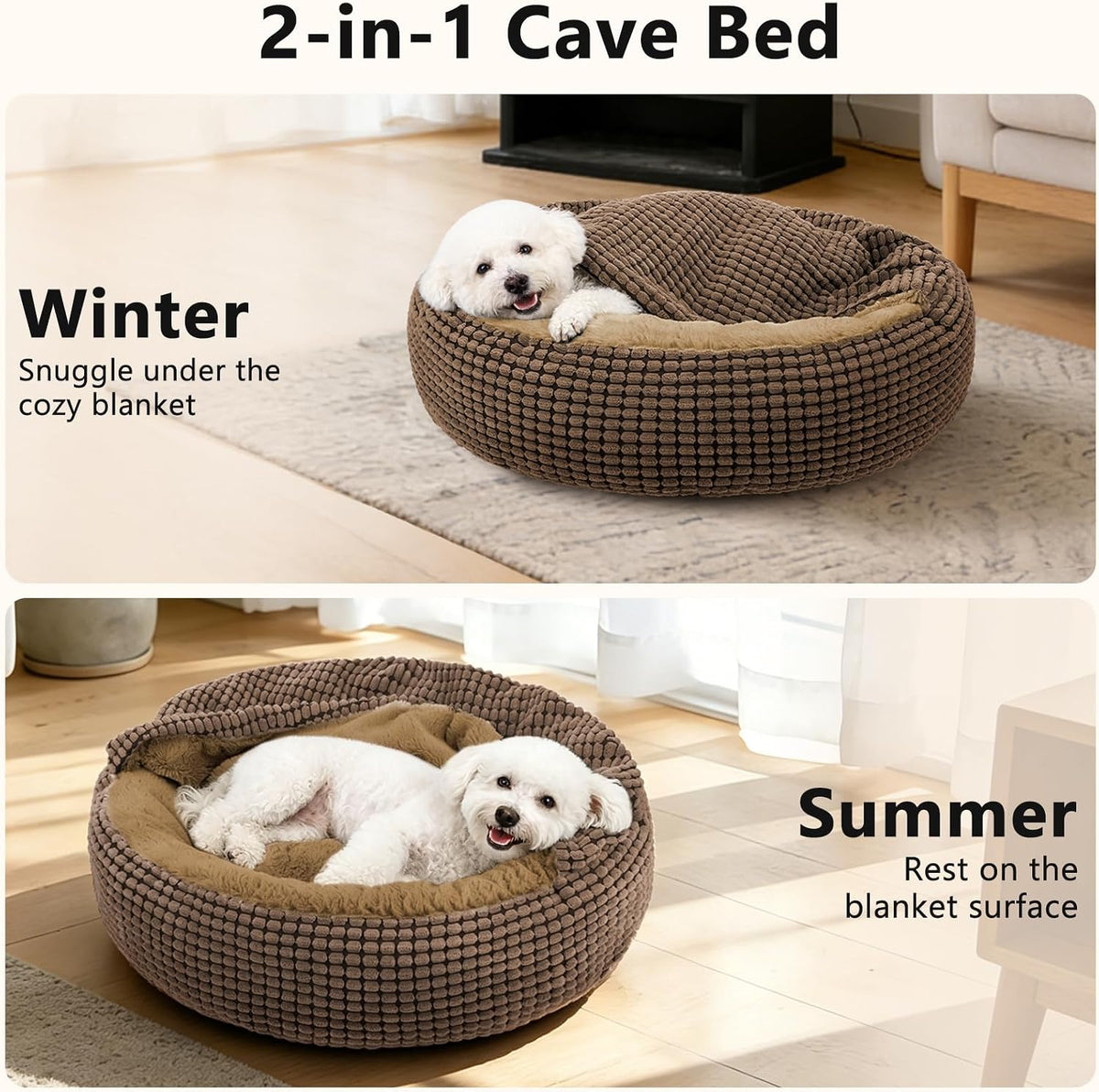 Small Dog Bed with Attached Blanket, Cozy Donut Cuddler Anti-Anxiety Hooded Pet Beds Calming Cave Bed. Orthopedic Round Puppy Beds for Dogs or Cats Washable, Anti-Slip Bottom, 23inch