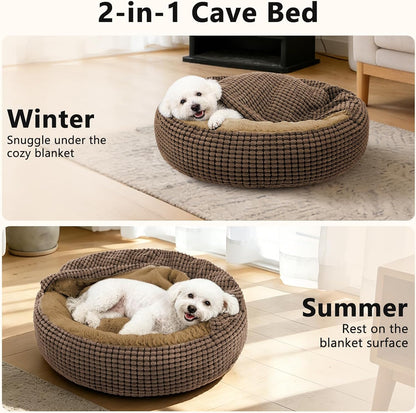 Small Dog Bed with Attached Blanket, Cozy Donut Cuddler Anti-Anxiety Hooded Pet Beds Calming Cave Bed. Orthopedic Round Puppy Beds for Dogs or Cats Washable, Anti-Slip Bottom, 23inch