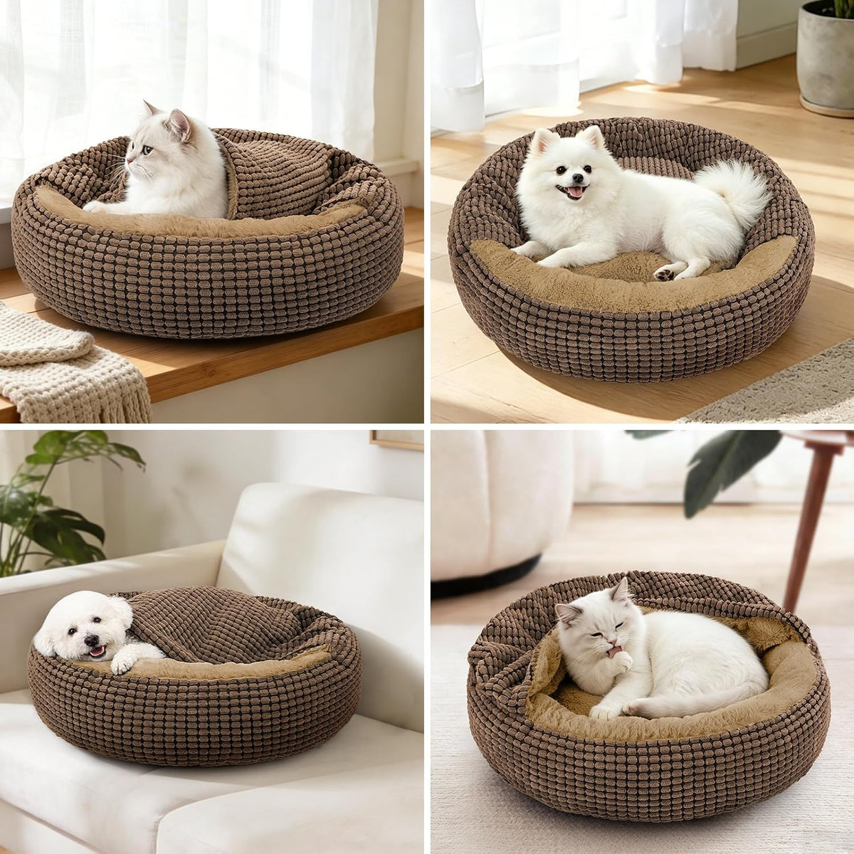 Small Dog Bed with Attached Blanket, Cozy Donut Cuddler Anti-Anxiety Hooded Pet Beds Calming Cave Bed. Orthopedic Round Puppy Beds for Dogs or Cats Washable, Anti-Slip Bottom, 23inch