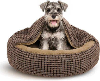 Small Dog Bed with Attached Blanket, Cozy Donut Cuddler Anti-Anxiety Hooded Pet Beds Calming Cave Bed. Orthopedic Round Puppy Beds for Dogs or Cats Washable, Anti-Slip Bottom, 23inch