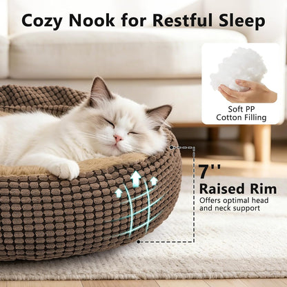 Small Dog Bed with Attached Blanket, Cozy Donut Cuddler Anti-Anxiety Hooded Pet Beds Calming Cave Bed. Orthopedic Round Puppy Beds for Dogs or Cats Washable, Anti-Slip Bottom, 23inch
