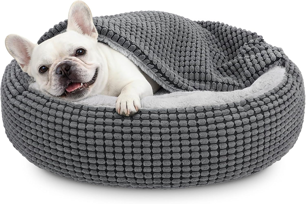 Small Dog Bed with Attached Blanket, Cozy Donut Cuddler Anti-Anxiety Hooded Pet Beds Calming Cave Bed. Orthopedic Round Puppy Beds for Dogs or Cats Washable, Anti-Slip Bottom, 23inch