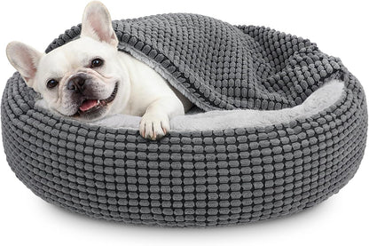 Small Dog Bed with Attached Blanket, Cozy Donut Cuddler Anti-Anxiety Hooded Pet Beds Calming Cave Bed. Orthopedic Round Puppy Beds for Dogs or Cats Washable, Anti-Slip Bottom, 23inch