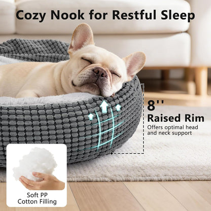 Small Dog Bed with Attached Blanket, Cozy Donut Cuddler Anti-Anxiety Hooded Pet Beds Calming Cave Bed. Orthopedic Round Puppy Beds for Dogs or Cats Washable, Anti-Slip Bottom, 23inch