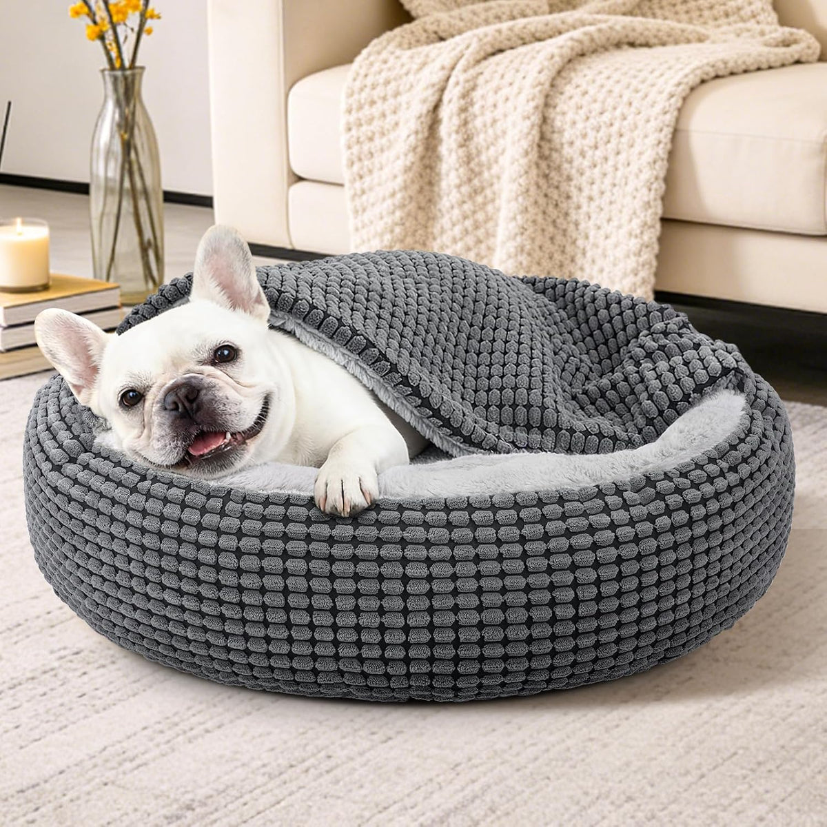 Small Dog Bed with Attached Blanket, Cozy Donut Cuddler Anti-Anxiety Hooded Pet Beds Calming Cave Bed. Orthopedic Round Puppy Beds for Dogs or Cats Washable, Anti-Slip Bottom, 23inch