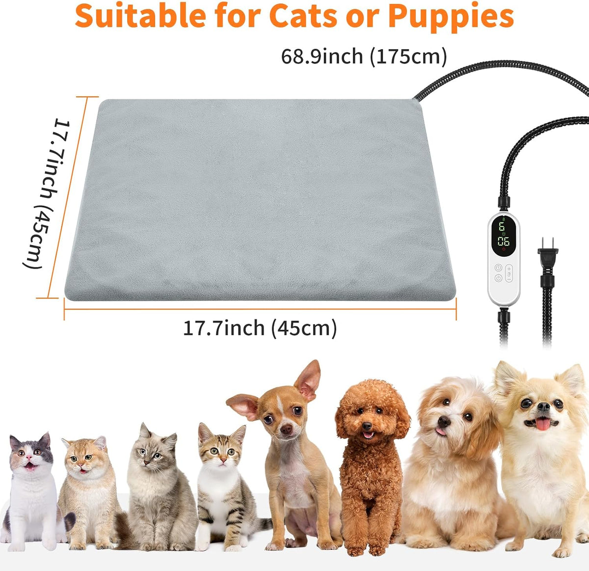 Pet Heating Pad, 9 Adjustable Temperature Cat Heating Pad with Timer, 17.7"x17.7" Waterproof Heated Warming Dog Blanket Bed Mat for Cats Dogs Kitten Puppy Small Animal Indoor with Chew Resistant Cord