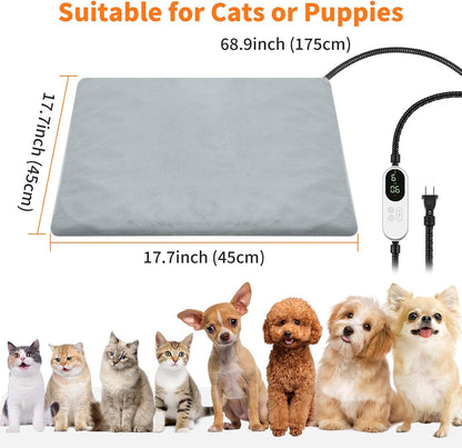 Pet Heating Pad, 9 Adjustable Temperature Cat Heating Pad with Timer, 17.7"x17.7" Waterproof Heated Warming Dog Blanket Bed Mat for Cats Dogs Kitten Puppy Small Animal Indoor with Chew Resistant Cord