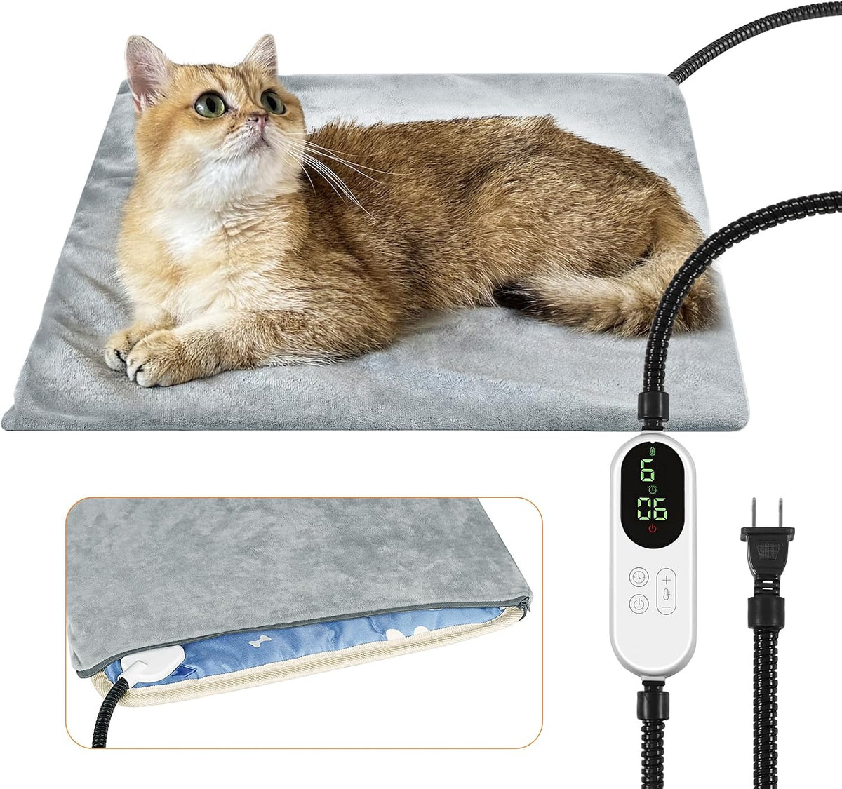 Pet Heating Pad, 9 Adjustable Temperature Cat Heating Pad with Timer, 17.7"x17.7" Waterproof Heated Warming Dog Blanket Bed Mat for Cats Dogs Kitten Puppy Small Animal Indoor with Chew Resistant Cord