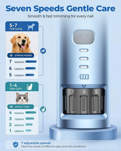 7-Speed Quiet Dog & Cat Nail Grinder with 360° LED for Thick Nails