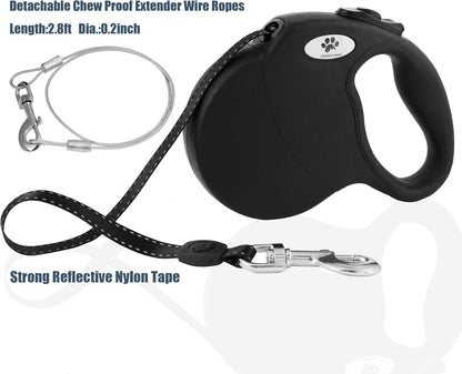 16ft Retractable Dog Leash for Large Breed Dogs up to 110 lbs with a Detachable Chew Proof Extender Wire Ropes (Black L)