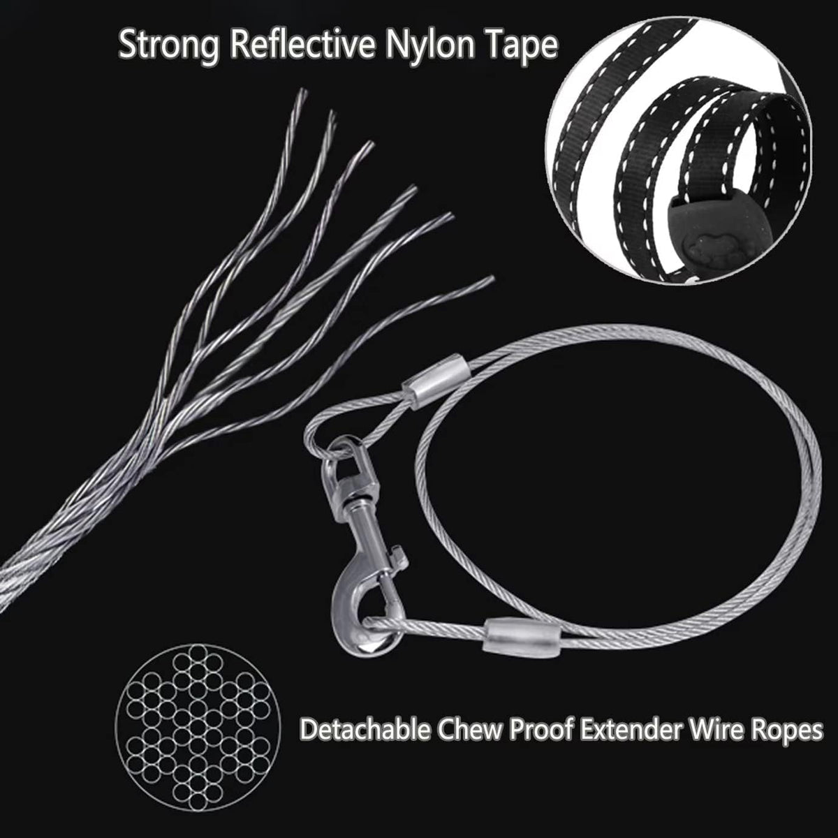 16ft Retractable Dog Leash for Large Breed Dogs up to 110 lbs with a Detachable Chew Proof Extender Wire Ropes (Black L)
