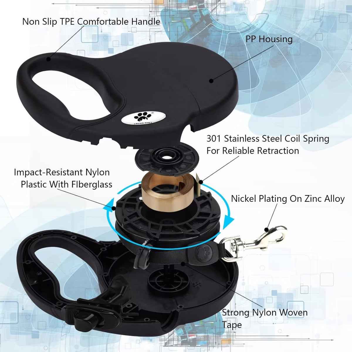 16ft Retractable Dog Leash for Large Breed Dogs up to 110 lbs with a Detachable Chew Proof Extender Wire Ropes (Black L)