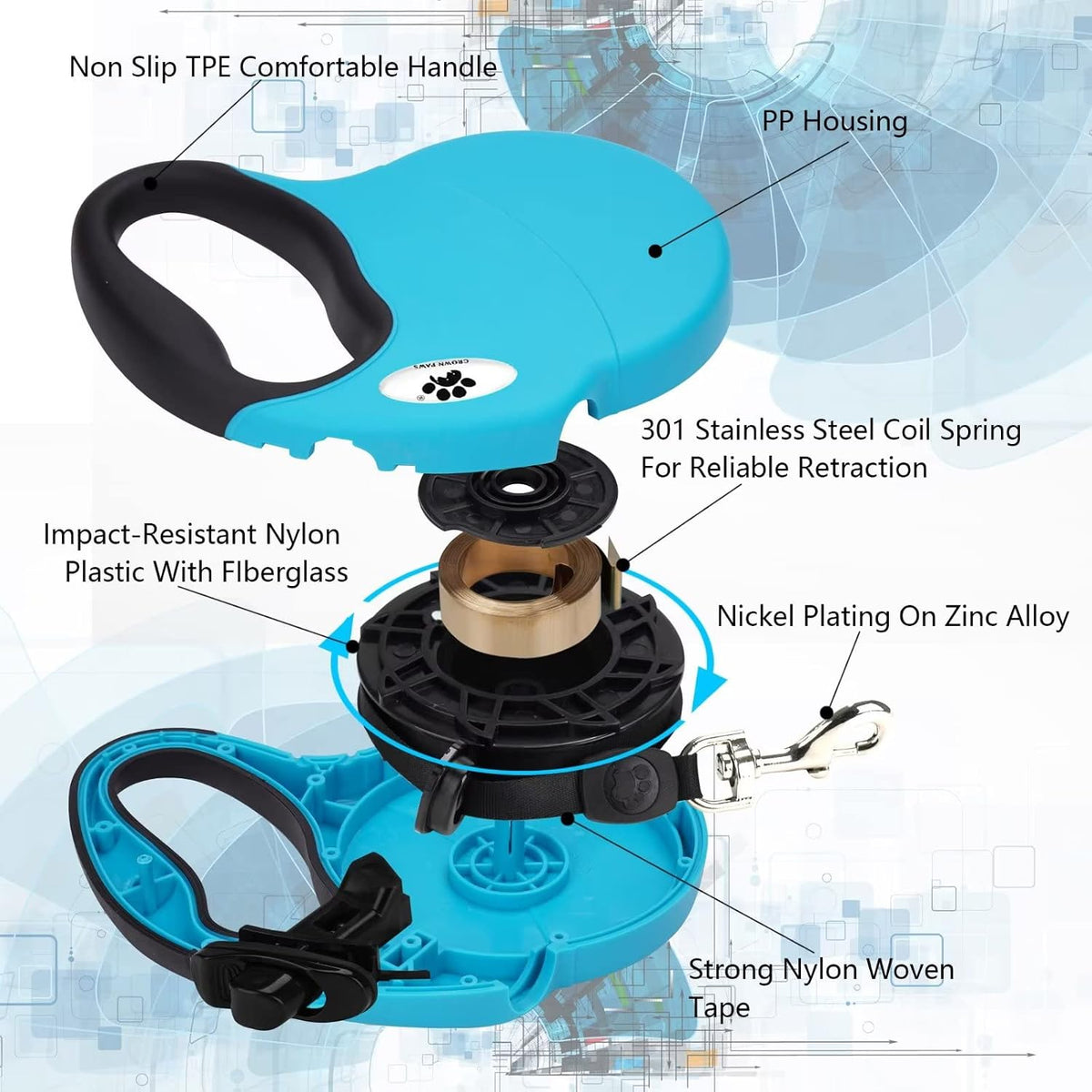 16ft Retractable Dog Leash for Large Breed Dogs up to 110 lbs with a Detachable Chew Proof Extender Wire Ropes (Black L)