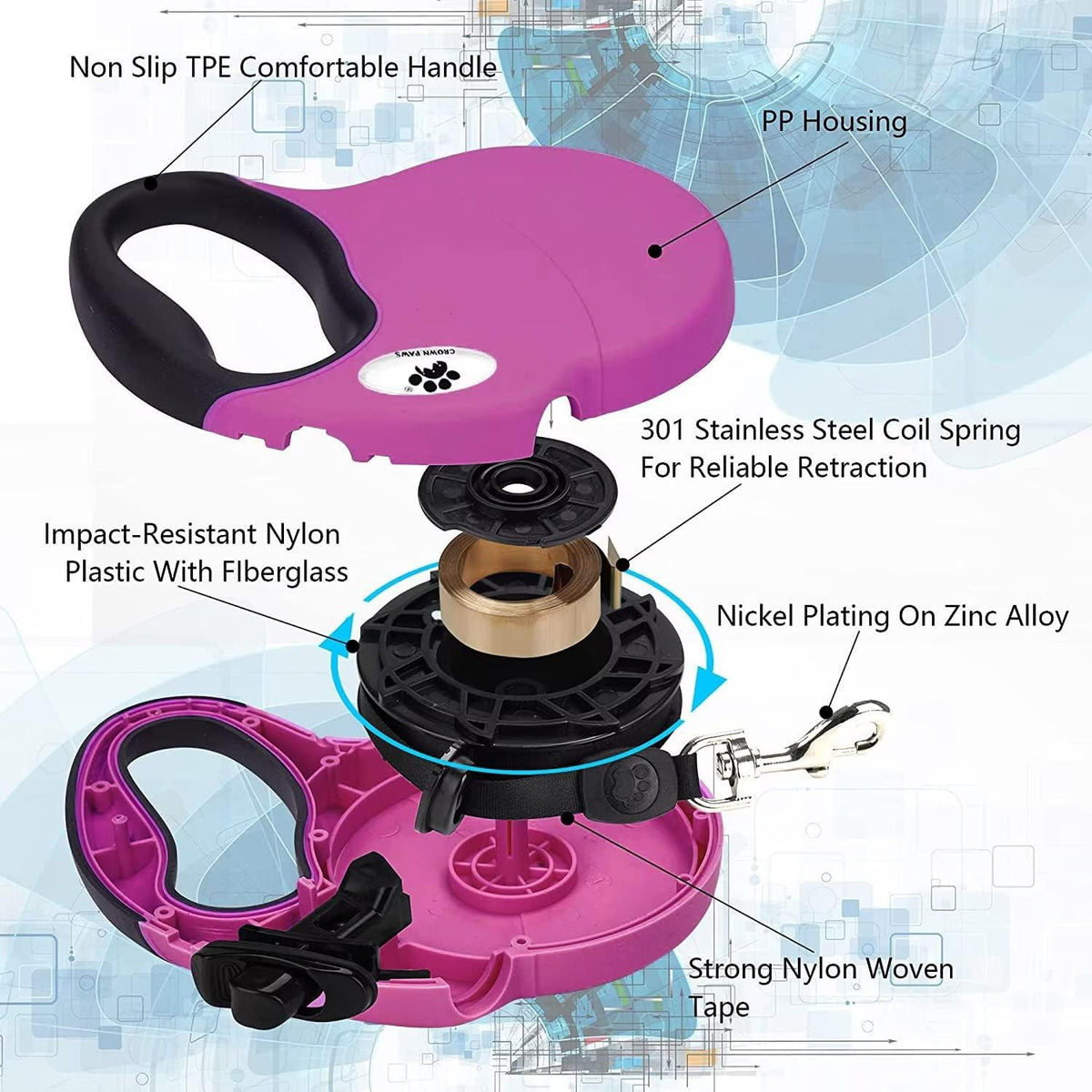 16ft Retractable Dog Leash for Large Breed Dogs up to 110 lbs with a Detachable Chew Proof Extender Wire Ropes (Black L)