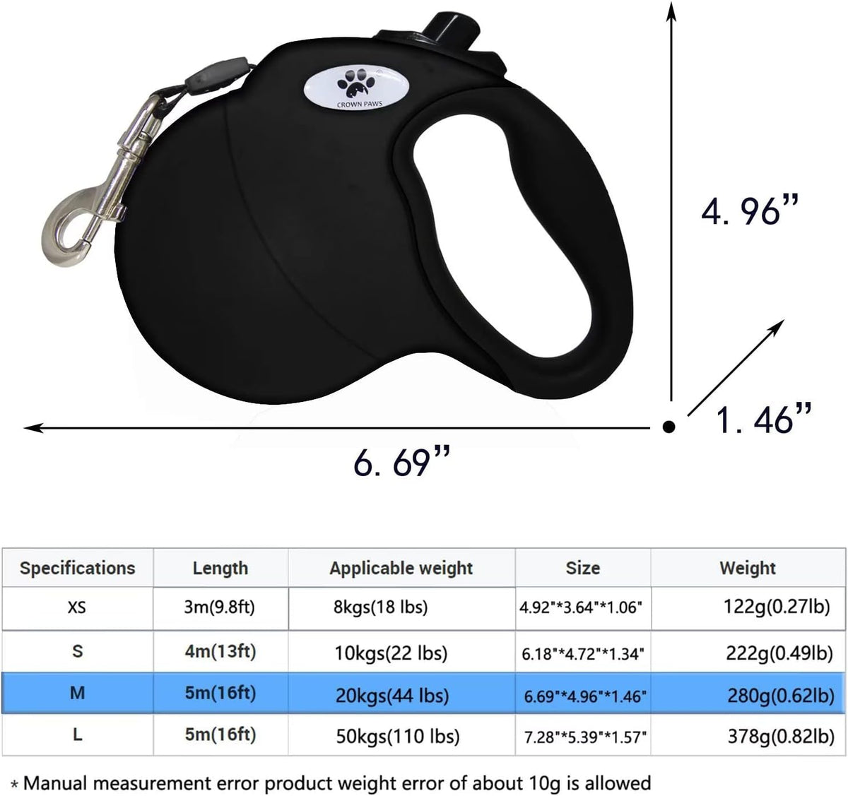 16ft Retractable Dog Leash for Large Breed Dogs up to 110 lbs with a Detachable Chew Proof Extender Wire Ropes (Black L)
