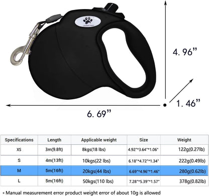 16ft Retractable Dog Leash for Large Breed Dogs up to 110 lbs with a Detachable Chew Proof Extender Wire Ropes (Black L)