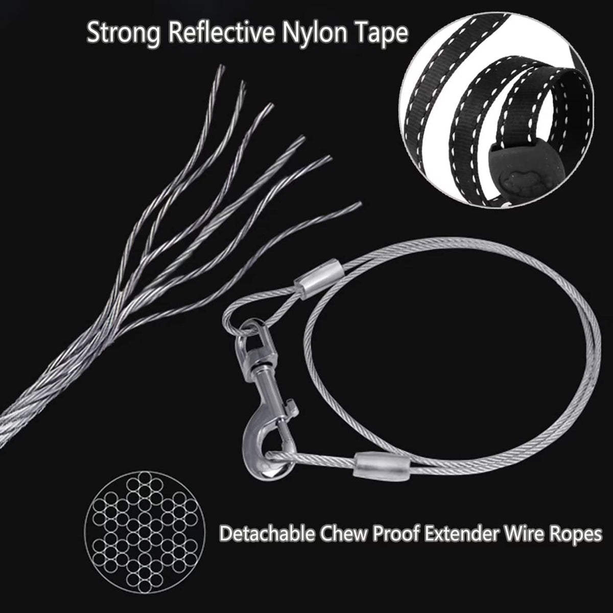 16ft Retractable Dog Leash for Large Breed Dogs up to 110 lbs with a Detachable Chew Proof Extender Wire Ropes (Black L)