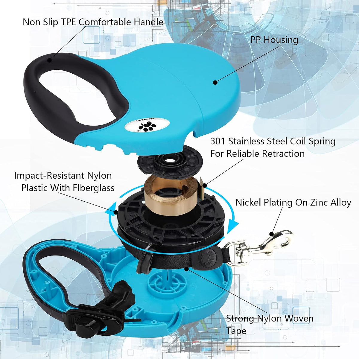 16ft Retractable Dog Leash for Large Breed Dogs up to 110 lbs with a Detachable Chew Proof Extender Wire Ropes (Black L)