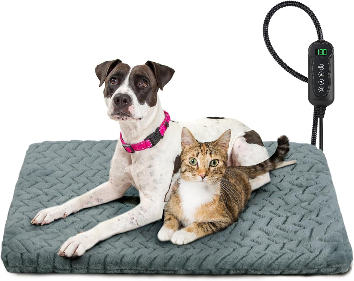 Heated Dog Bed, 28''x20'' Waterproof Cat Heating Pad with Timer Temperature Adjustable, Indoor Heated Electric Pet Bed for Cats Dogs, Auto Power-Off, Anti-bite Pet Heated Pad, Medium