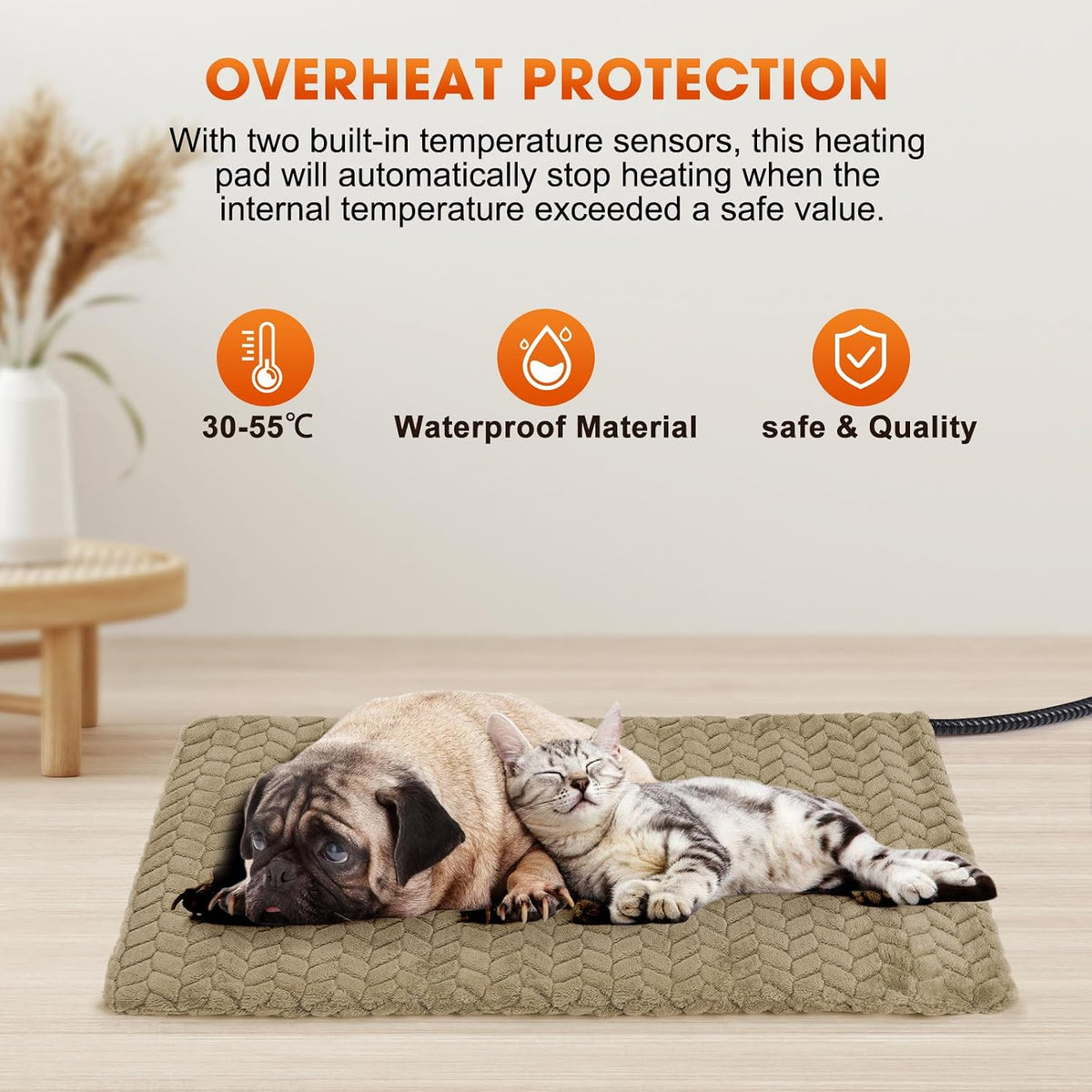 Heated Dog Bed, 28''x20'' Waterproof Cat Heating Pad with Timer Temperature Adjustable, Indoor Heated Electric Pet Bed for Cats Dogs, Auto Power-Off, Anti-bite Pet Heated Pad, Medium