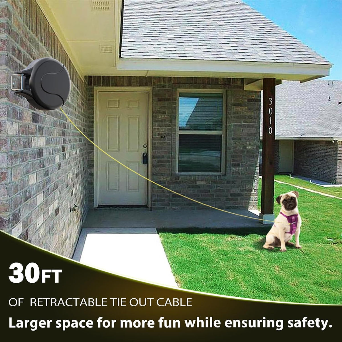 30FT Wall Mount Retractable Dog Tie Out Cable - 180° Swivel & 360° Tangle-Free Design, Perfect for Yard, Picnics & Camping Heavy Duty Steel Cable for Small to Large Dogs (TP-001)