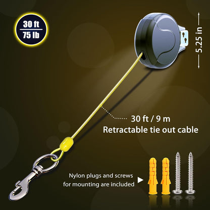 30FT Wall Mount Retractable Dog Tie Out Cable - 180° Swivel & 360° Tangle-Free Design, Perfect for Yard, Picnics & Camping Heavy Duty Steel Cable for Small to Large Dogs (TP-001)