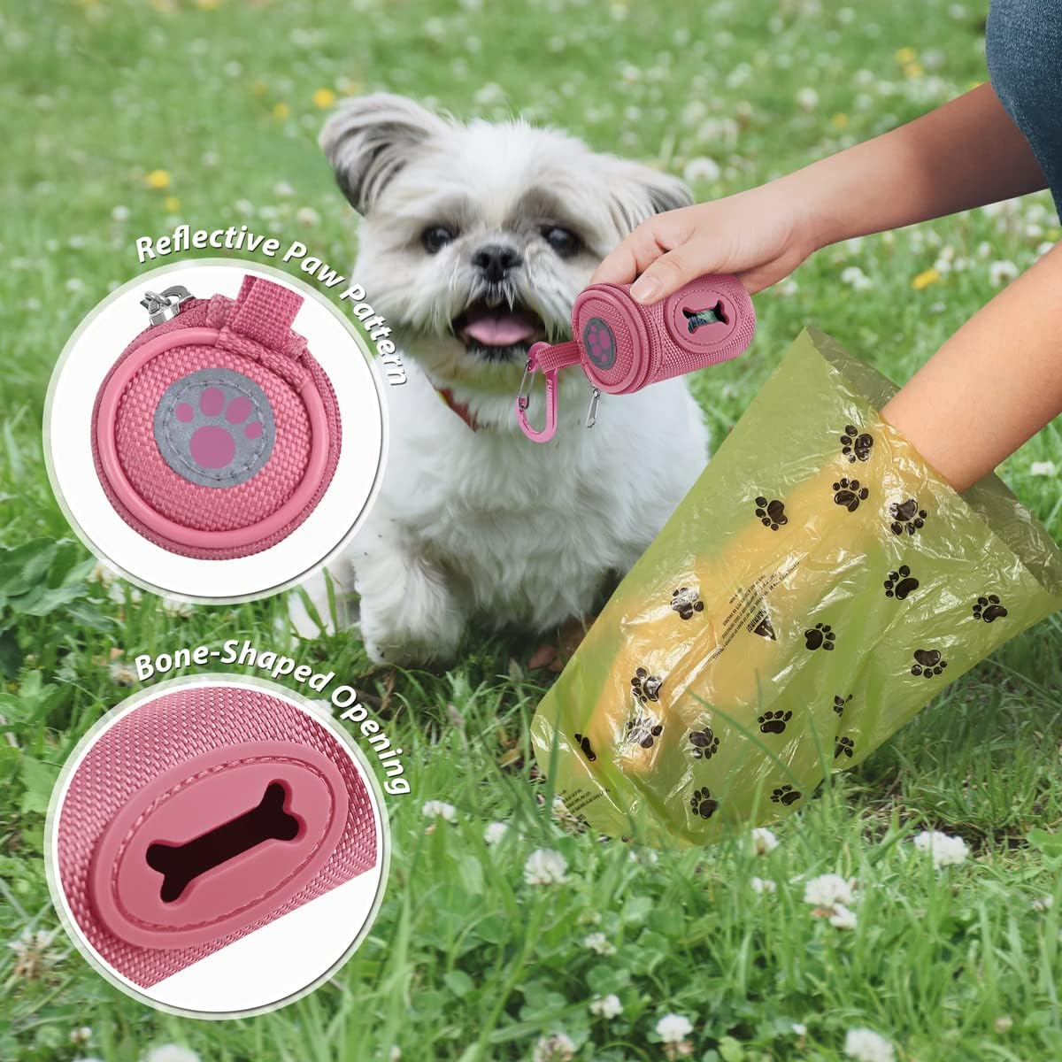 Dog Poop Bag Holder for Leash with Carabiner Clip Soft Fabric