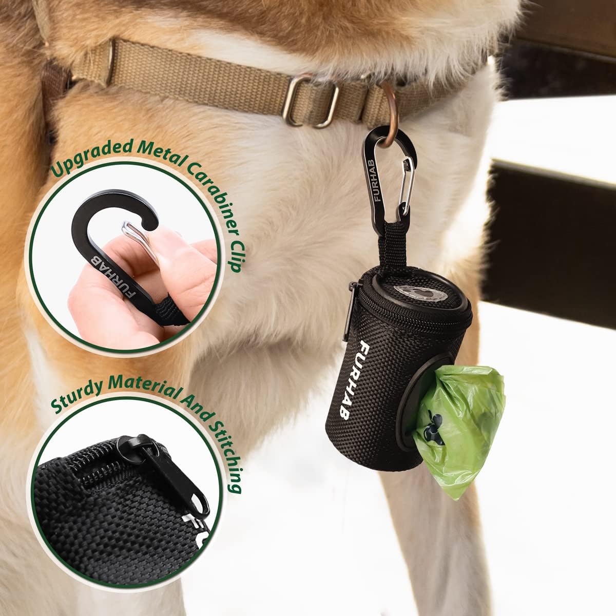 Dog Poop Bag Holder for Leash with Carabiner Clip Soft Fabric