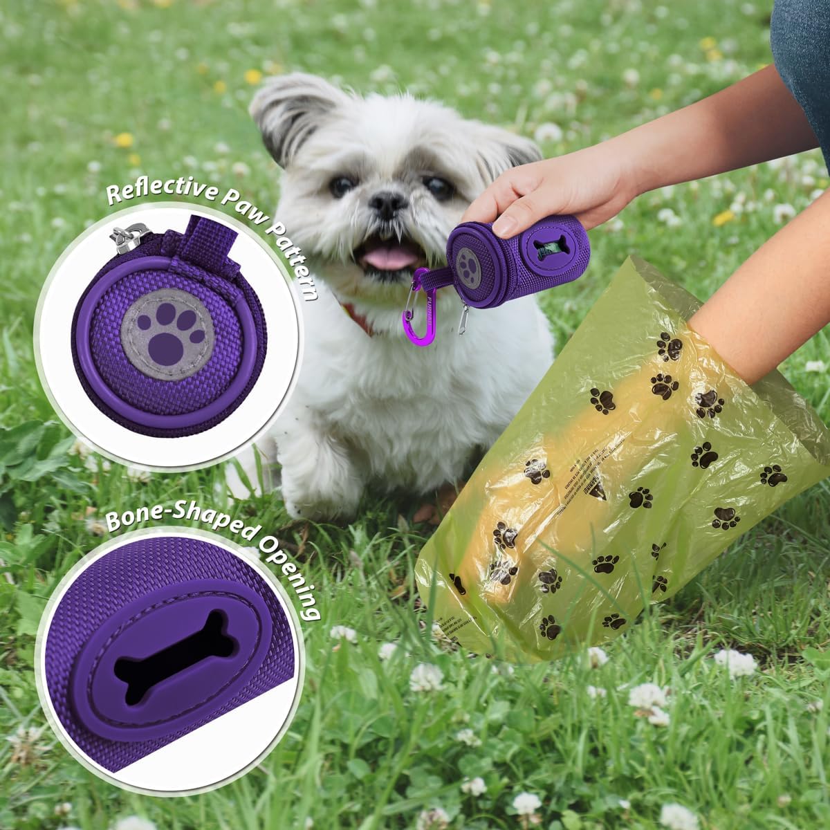 Dog Poop Bag Holder for Leash with Carabiner Clip Soft Fabric