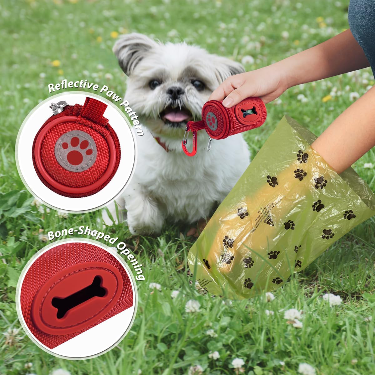 Dog Poop Bag Holder for Leash with Carabiner Clip Soft Fabric