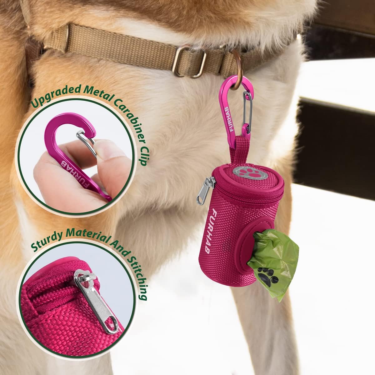 Dog Poop Bag Holder for Leash with Carabiner Clip Soft Fabric