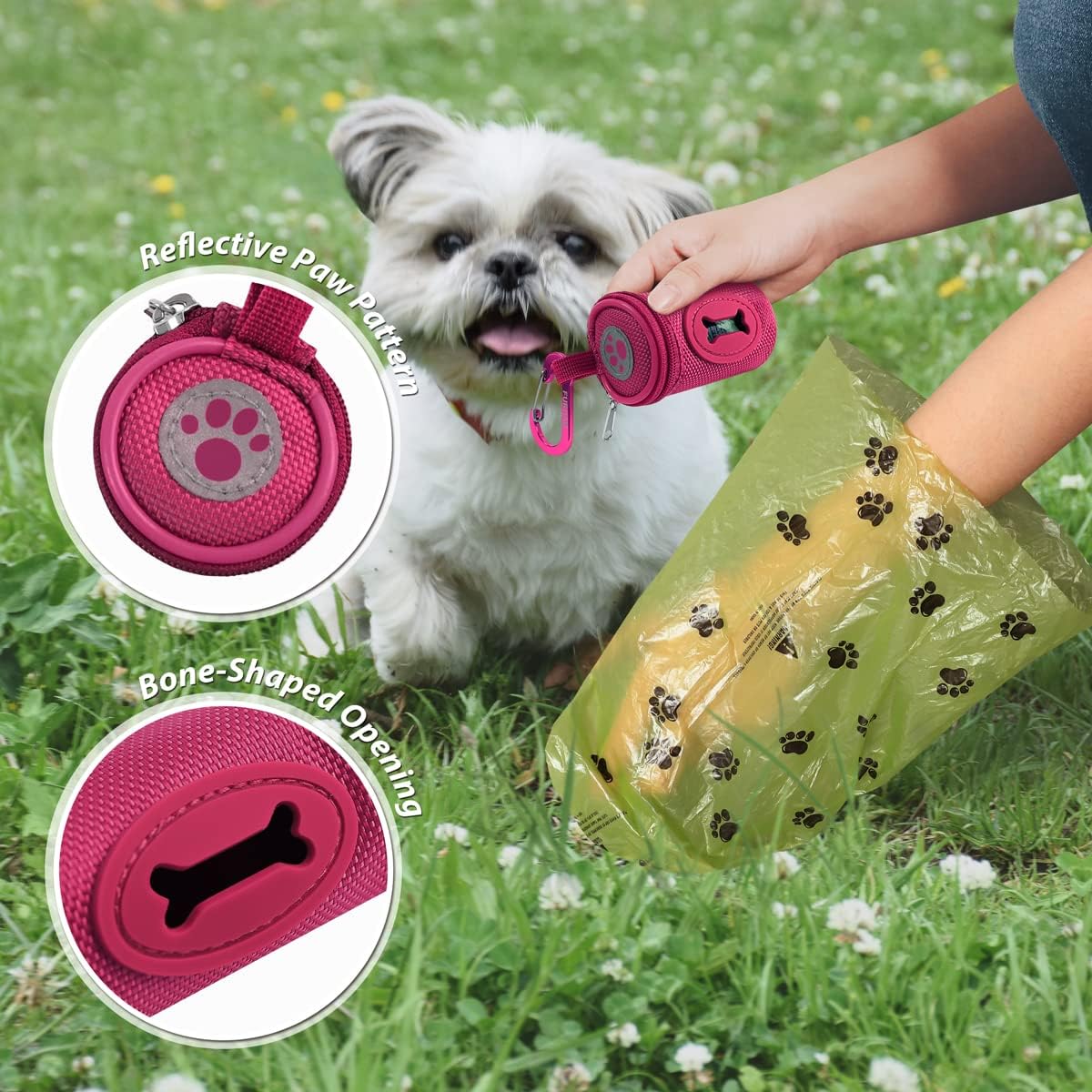 Dog Poop Bag Holder for Leash with Carabiner Clip Soft Fabric