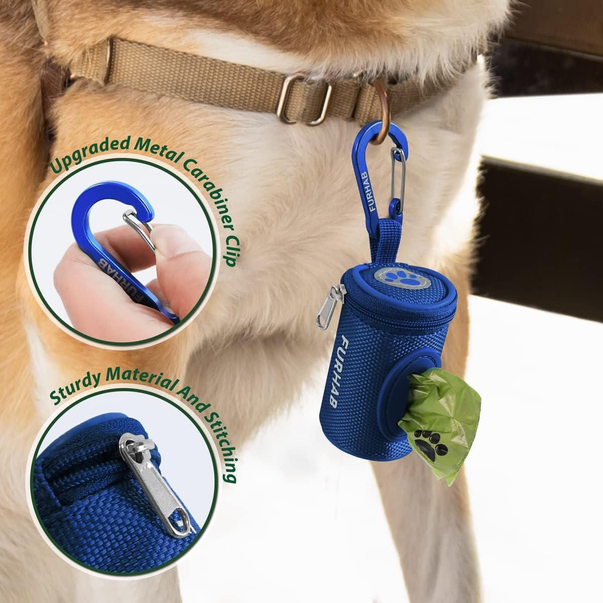 Dog Poop Bag Holder for Leash with Carabiner Clip Soft Fabric