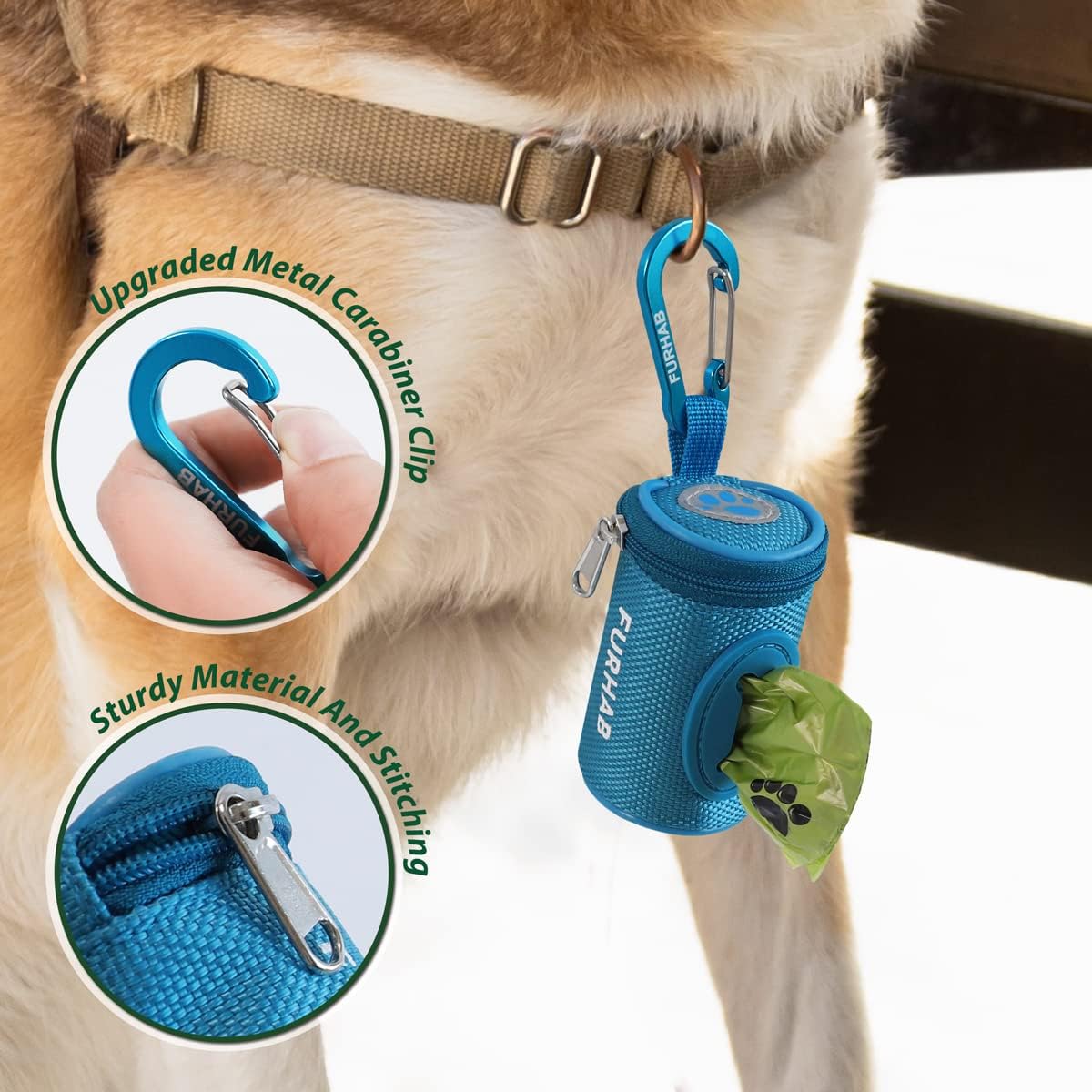 Dog Poop Bag Holder for Leash with Carabiner Clip Soft Fabric